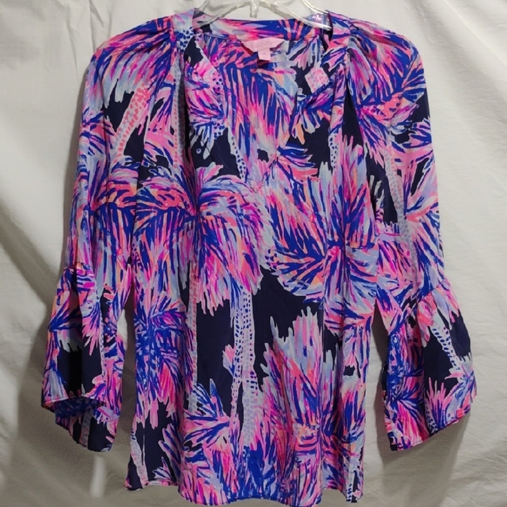 SALE! Lilly Pulitzer Matilda Bell Sleeve Silk Pink/Blue Palm Print Blouse (#701)